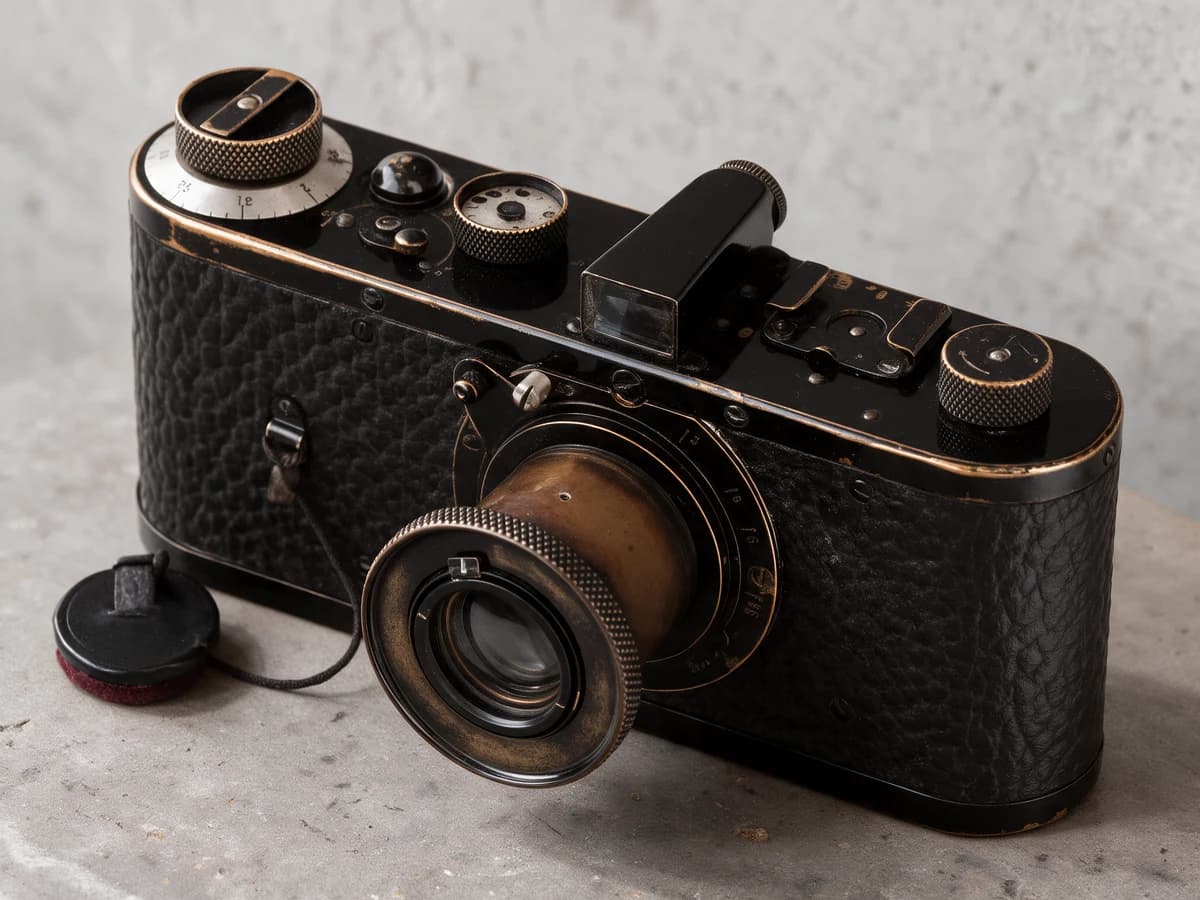 A vintage black rangefinder camera with a brass lens.