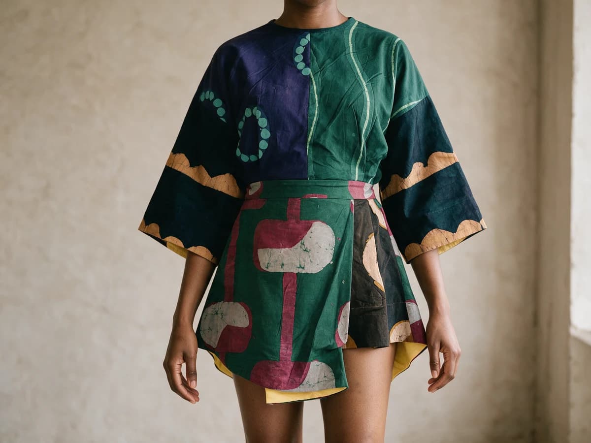 A green, indigo and gold batik top with a matching wrap skirt.