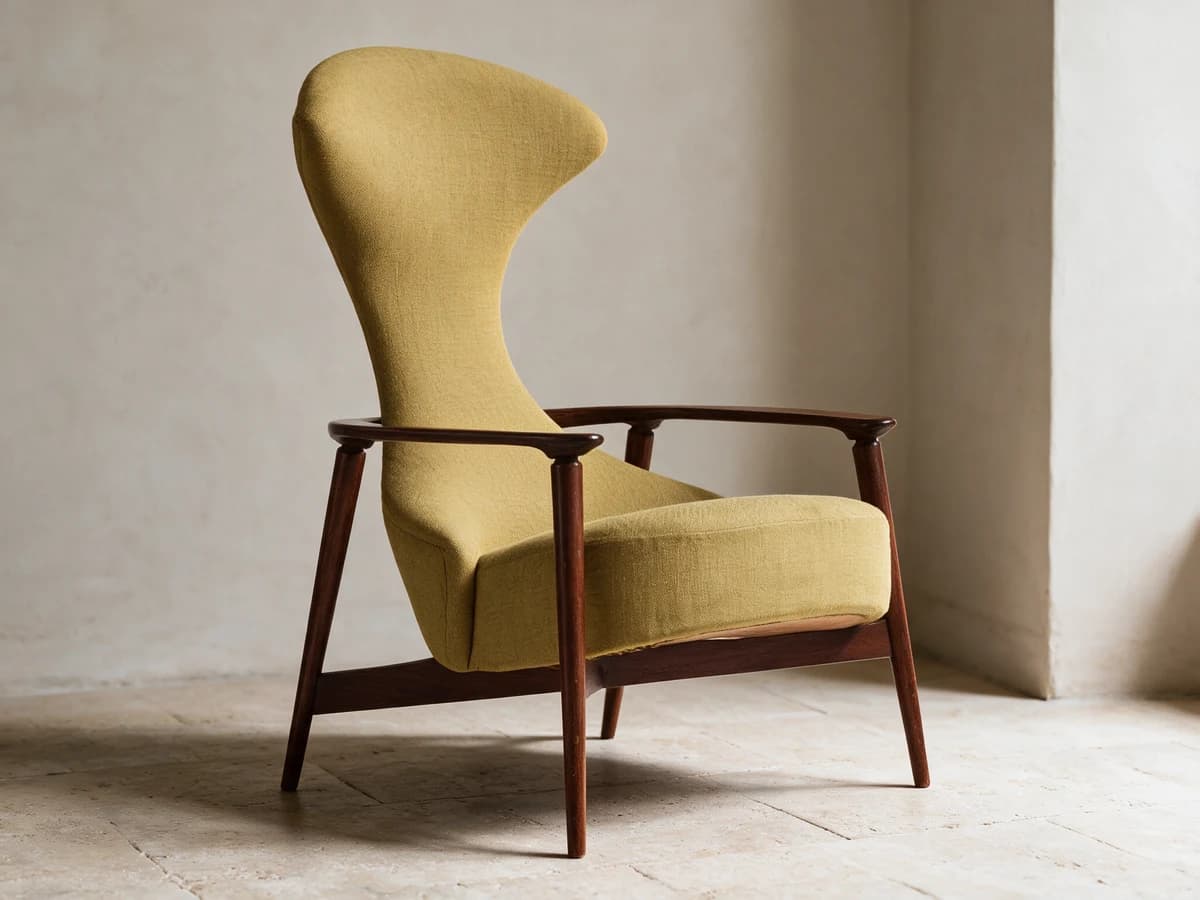 A mustard-upholstered lounge chair on a dark wood frame.