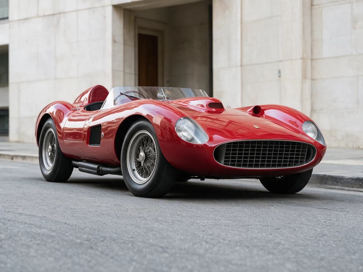 A red vintage racing car parked beside a pale stone building.