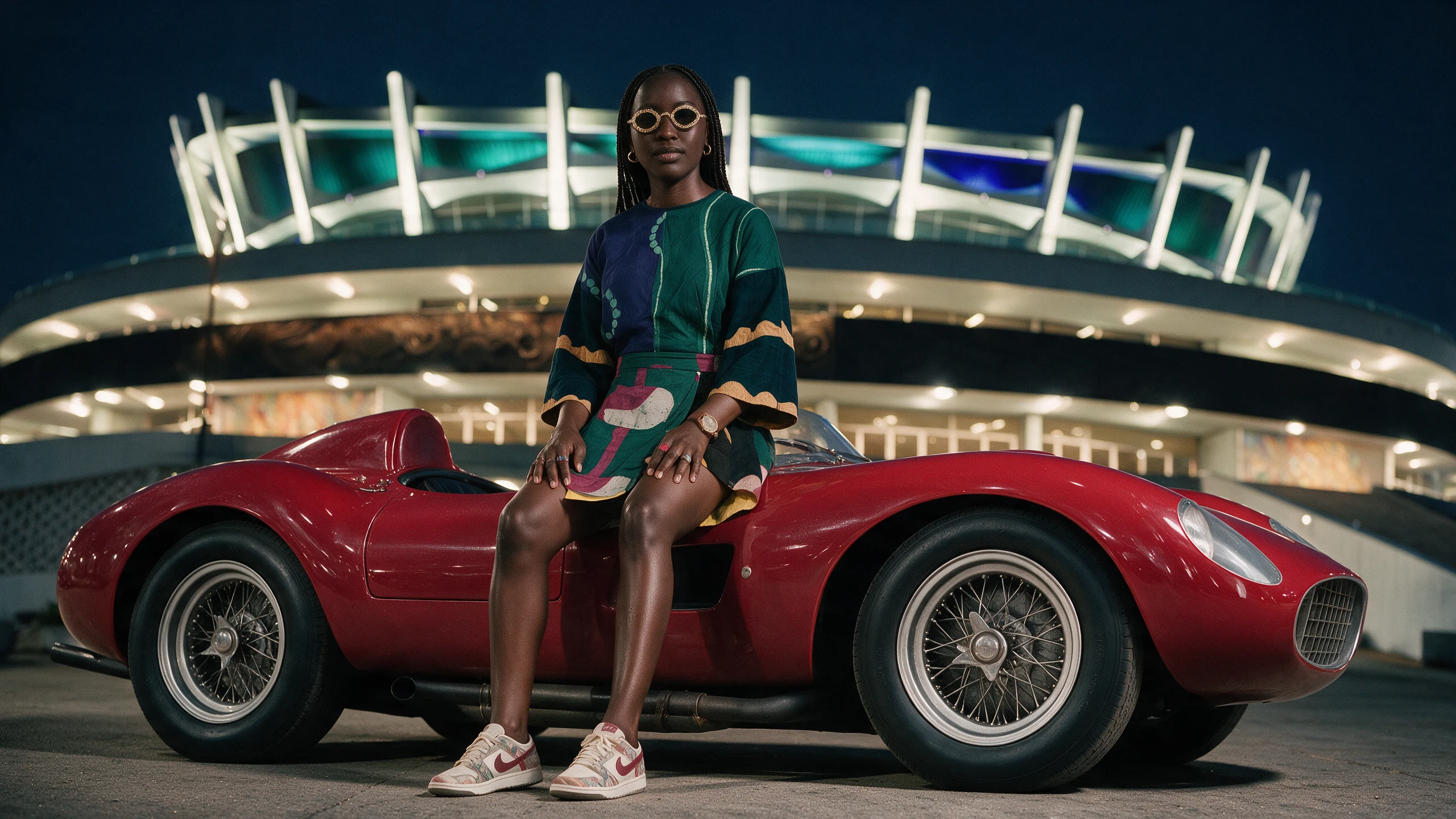 The woman in a green and indigo outfit, gold glasses and patterned sneakers sits on a red racing car outside the illuminated theatre.